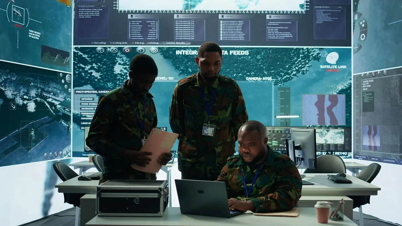 Военнослужащие в современном командном центре работают с критически важной информацией.